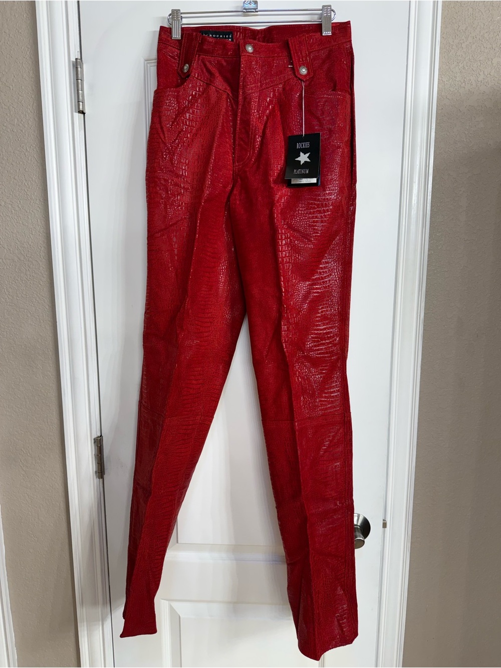 Vintage Rockies Platinum Red Snake Print Leather Bareback High Waisted Pants NWT